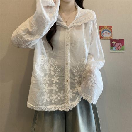 BY14154# 新款重工钩花刺绣连帽宽松单排扣薄款蕾丝开衫 服裝批發女裝批發服飾貨源