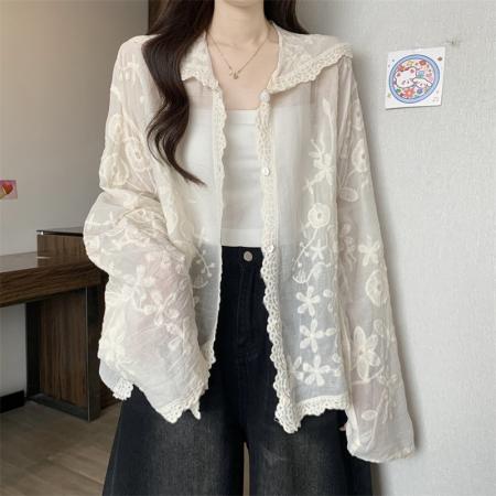 BY14154# 新款重工钩花刺绣连帽宽松单排扣薄款蕾丝开衫 服裝批發女裝批發服飾貨源