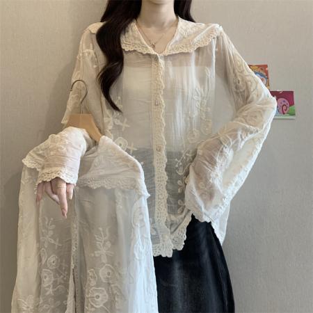 BY14154# 新款重工钩花刺绣连帽宽松单排扣薄款蕾丝开衫 服裝批發女裝批發服飾貨源