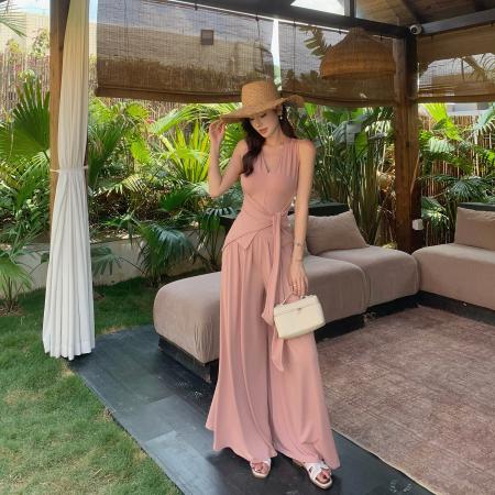 夏新款气质V领无袖上衣系带收腰显瘦高腰阔腿裤长裤两件套装女 服裝批發女裝批發服飾貨源