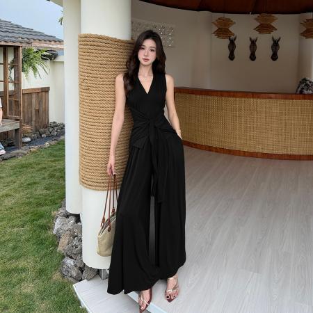 夏新款气质V领无袖上衣系带收腰显瘦高腰阔腿裤长裤两件套装女 服裝批發女裝批發服飾貨源