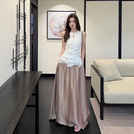 法式优雅无袖立体刺绣镂空蕾丝背心收腰气质外穿上衣+半身裙套装 服裝批發女裝批發服飾貨源