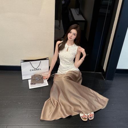 法式优雅无袖立体刺绣镂空蕾丝背心收腰气质外穿上衣+半身裙套装 服裝批發女裝批發服飾貨源