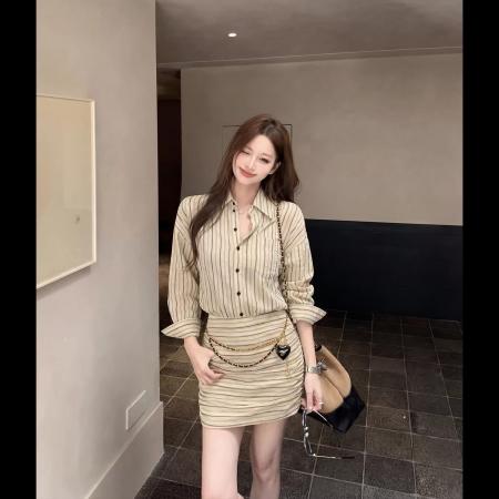 复古撞色条纹长袖包臂短裙高智感收腰显瘦翻领宽松衬衫连衣裙女 服裝批發女裝批發服飾貨源