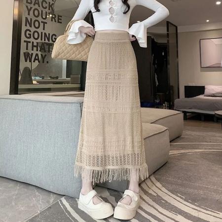 镂空钩花流苏半身裙夏新款高腰显瘦包臀A字裙 服裝批發女裝批發服飾貨源