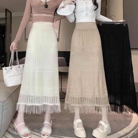 镂空钩花流苏半身裙夏新款高腰显瘦包臀A字裙 服裝批發女裝批發服飾貨源