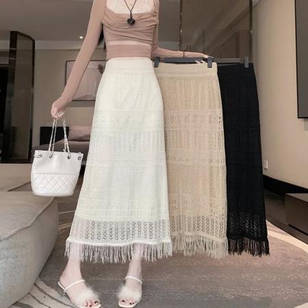 镂空钩花流苏半身裙夏新款高腰显瘦包臀A字裙 服裝批發女裝批發服飾貨源