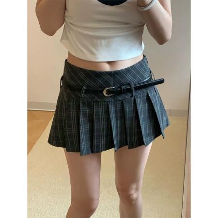 晨领学院风复古格纹低腰百褶短裙设计感半身裙女夏季小众A字裙子 服裝批發女裝批發服飾貨源