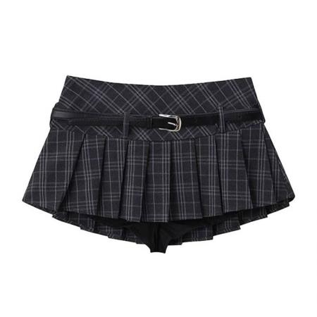 晨领学院风复古格纹低腰百褶短裙设计感半身裙女夏季小众A字裙子 服裝批發女裝批發服飾貨源