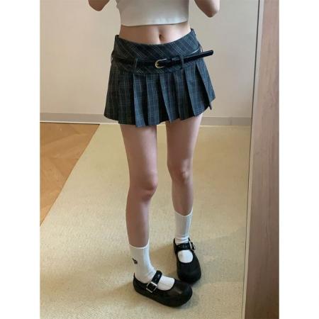 晨领学院风复古格纹低腰百褶短裙设计感半身裙女夏季小众A字裙子 服裝批發女裝批發服飾貨源