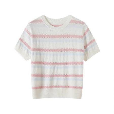 韩系温柔风粉蓝条纹短袖针织衫女镂空透气显瘦短款上衣 服裝批發女裝批發服飾貨源