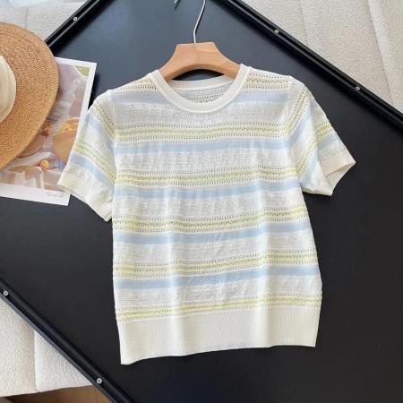 韩系温柔风粉蓝条纹短袖针织衫女镂空透气显瘦短款上衣 服裝批發女裝批發服飾貨源