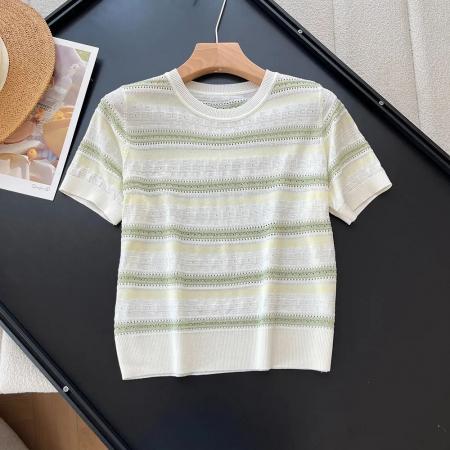 韩系温柔风粉蓝条纹短袖针织衫女镂空透气显瘦短款上衣 服裝批發女裝批發服飾貨源