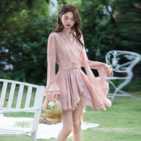 BY14175# 夏季新款法式V领飘带荷叶边度假风连衣裙 服裝批發女裝批發服飾貨源