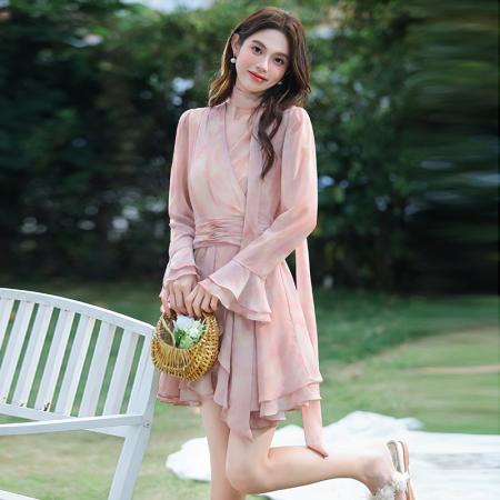 夏季新款法式V领飘带荷叶边度假风连衣裙 服裝批發女裝批發服飾貨源