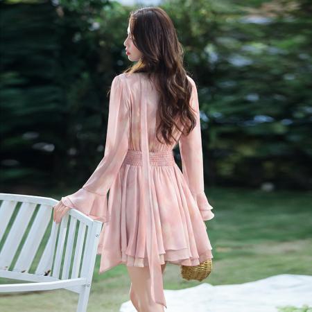 夏季新款法式V领飘带荷叶边度假风连衣裙 服裝批發女裝批發服飾貨源