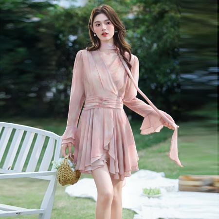 夏季新款法式V领飘带荷叶边度假风连衣裙 服裝批發女裝批發服飾貨源