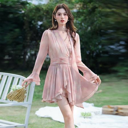 夏季新款法式V领飘带荷叶边度假风连衣裙 服裝批發女裝批發服飾貨源