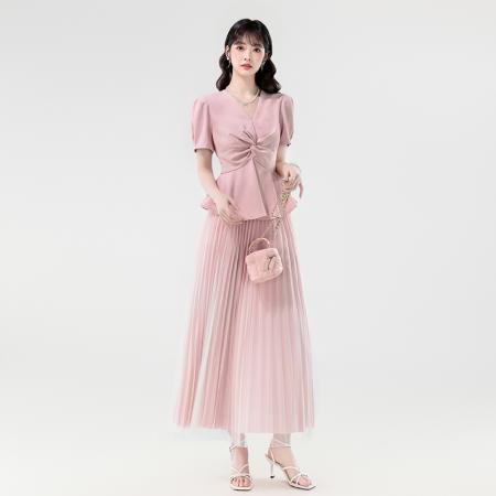 BY14181# 夏季新款优雅淑女V领设计感显瘦上衣+长款百褶网纱半身裙 服裝批發女裝批發服飾貨源