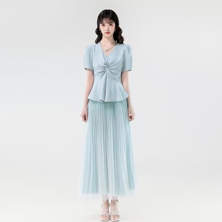 BY14181# 夏季新款优雅淑女V领设计感显瘦上衣+长款百褶网纱半身裙 服裝批發女裝批發服飾貨源