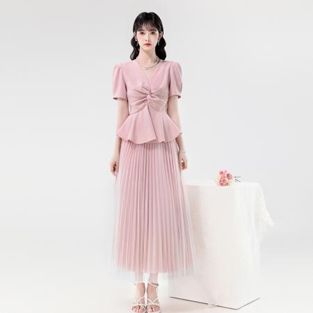 BY14181# 夏季新款优雅淑女V领设计感显瘦上衣+长款百褶网纱半身裙 服裝批發女裝批發服飾貨源