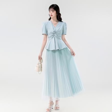 BY14181# 夏季新款优雅淑女V领设计感显瘦上衣+长款百褶网纱半身裙 服裝批發女裝批發服飾貨源