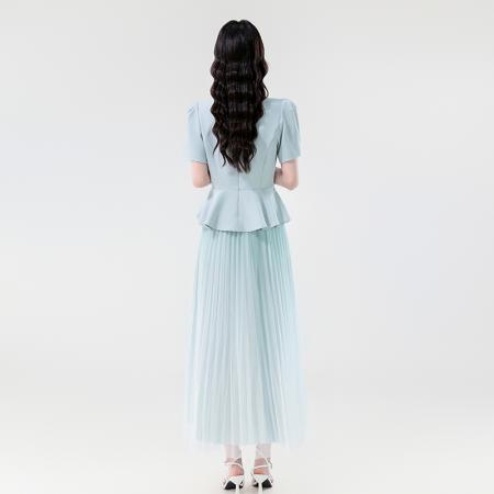 BY14181# 夏季新款优雅淑女V领设计感显瘦上衣+长款百褶网纱半身裙 服裝批發女裝批發服飾貨源