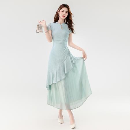 BY14182# 夏款新中式禅意温婉气质荷叶边不规则设计感假两件连衣裙 服裝批發女裝批發服飾貨源