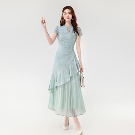 BY14182# 夏款新中式禅意温婉气质荷叶边不规则设计感假两件连衣裙 服裝批發女裝批發服飾貨源