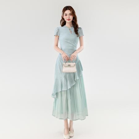 BY14182# 夏款新中式禅意温婉气质荷叶边不规则设计感假两件连衣裙 服裝批發女裝批發服飾貨源