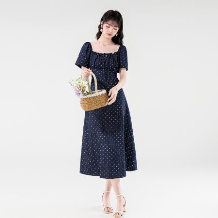 BY14184# 夏季新款法式方领系带蕾丝边薄款天丝牛仔遮肉显瘦连衣裙 服裝批發女裝批發服飾貨源