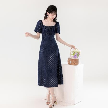 BY14184# 夏季新款法式方领系带蕾丝边薄款天丝牛仔遮肉显瘦连衣裙 服裝批發女裝批發服飾貨源