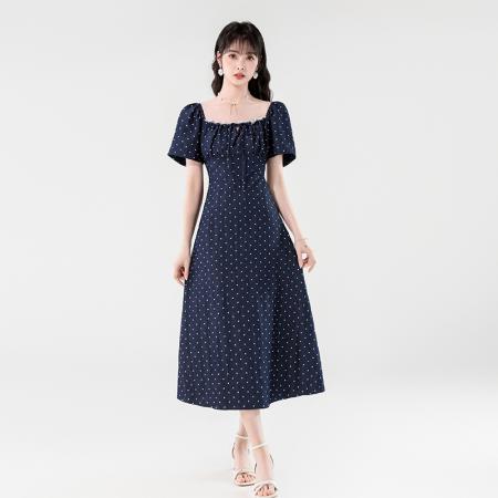 BY14184# 夏季新款法式方领系带蕾丝边薄款天丝牛仔遮肉显瘦连衣裙 服裝批發女裝批發服飾貨源