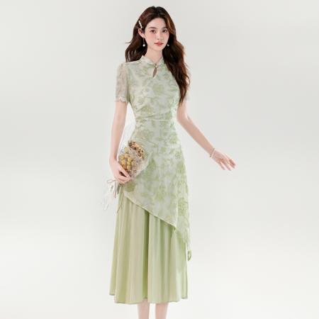 BY14185# 夏季新中式淑女优雅不规则设计感长款假两件刺绣连衣裙 服裝批發女裝批發服飾貨源
