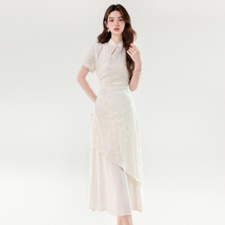 BY14185# 夏季新中式淑女优雅不规则设计感长款假两件刺绣连衣裙 服裝批發女裝批發服飾貨源