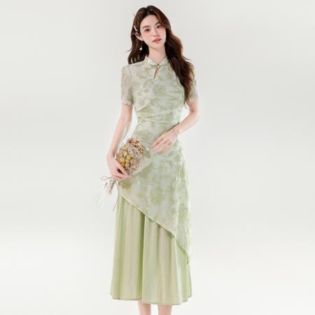 BY14185# 夏季新中式淑女优雅不规则设计感长款假两件刺绣连衣裙 服裝批發女裝批發服飾貨源