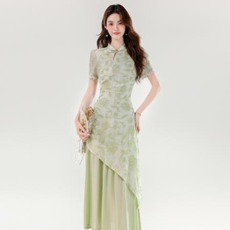 BY14185# 夏季新中式淑女优雅不规则设计感长款假两件刺绣连衣裙 服裝批發女裝批發服飾貨源