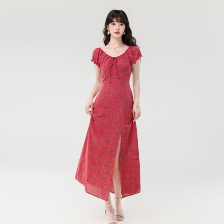 夏季新款法式优雅小碎花抽绳系带气质显瘦长款开叉连衣裙 服裝批發女裝批發服飾貨源