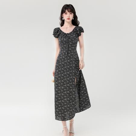 夏季新款法式优雅小碎花抽绳系带气质显瘦长款开叉连衣裙 服裝批發女裝批發服飾貨源