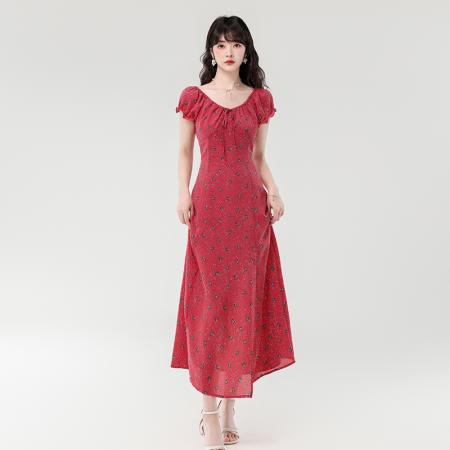 夏季新款法式优雅小碎花抽绳系带气质显瘦长款开叉连衣裙 服裝批發女裝批發服飾貨源