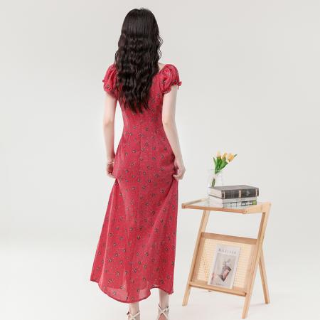 夏季新款法式优雅小碎花抽绳系带气质显瘦长款开叉连衣裙 服裝批發女裝批發服飾貨源