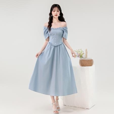 夏新款甜美减龄方领木耳边爱心扣弹力收腰显瘦长款连衣裙 服裝批發女裝批發服飾貨源