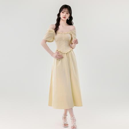 夏新款甜美减龄方领木耳边爱心扣弹力收腰显瘦长款连衣裙 服裝批發女裝批發服飾貨源