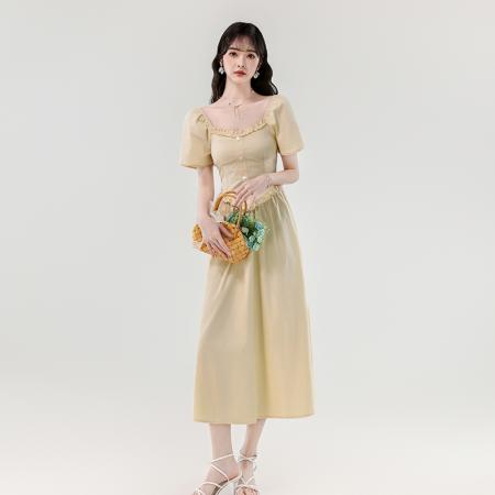 夏新款甜美减龄方领木耳边爱心扣弹力收腰显瘦长款连衣裙 服裝批發女裝批發服飾貨源