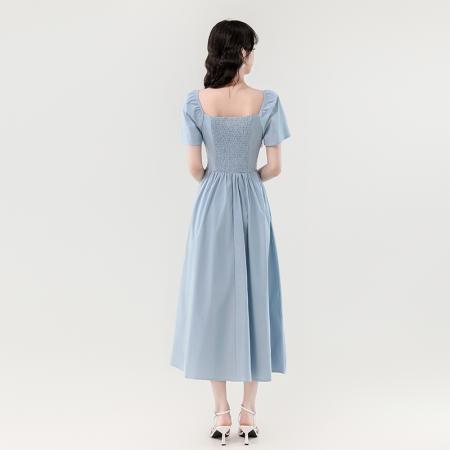 夏新款甜美减龄方领木耳边爱心扣弹力收腰显瘦长款连衣裙 服裝批發女裝批發服飾貨源