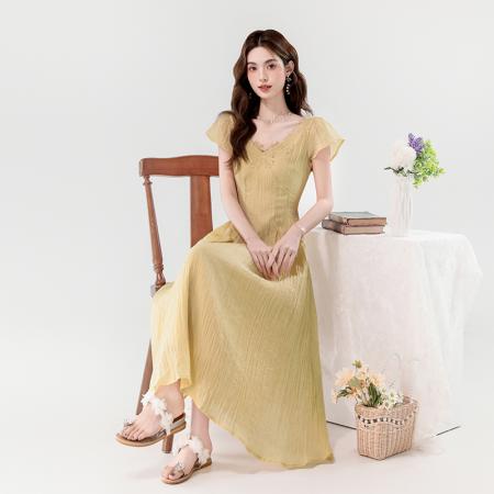 夏新款法式V领高级设计感蕾丝花边收腰显瘦长款连衣裙 服裝批發女裝批發服飾貨源