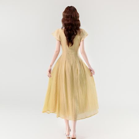 夏新款法式V领高级设计感蕾丝花边收腰显瘦长款连衣裙 服裝批發女裝批發服飾貨源