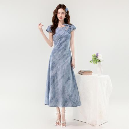 夏季新款夏日清新淡雅扎染提花蝴蝶结修身显瘦长款连衣裙 服裝批發女裝批發服飾貨源