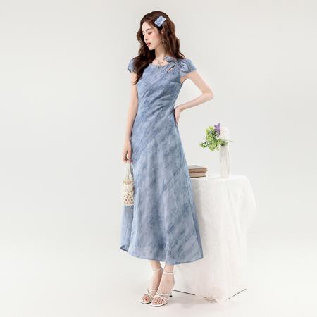 夏季新款夏日清新淡雅扎染提花蝴蝶结修身显瘦长款连衣裙 服裝批發女裝批發服飾貨源