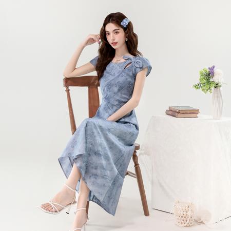 夏季新款夏日清新淡雅扎染提花蝴蝶结修身显瘦长款连衣裙 服裝批發女裝批發服飾貨源